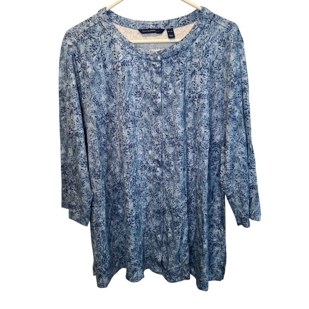 Isaac Mizrahi Live Womens Blue Knit Floral Button Front 3/4 Sleeve Top XLP NEW